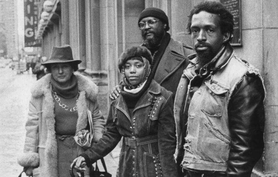Eastman with fellow composers Tania León and Talib Hakim, and Corrine Coleman, program director of the Brooklyn Philharmonic Community Concert Series, outside the old New York Times building in Midtown Manhattan in the mid-1970s. Photo by Marbeth, via Tania León.