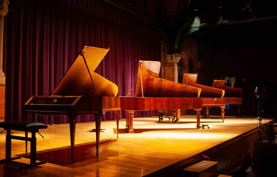 Pianos on stage of Barnes Hall